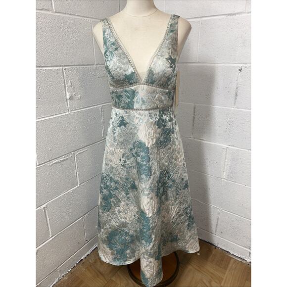 AIDAN MATTOX Cocktail Dress Floral V Neck Midi Fit Flare Metallic Brocade B2 - Picture 1 of 16